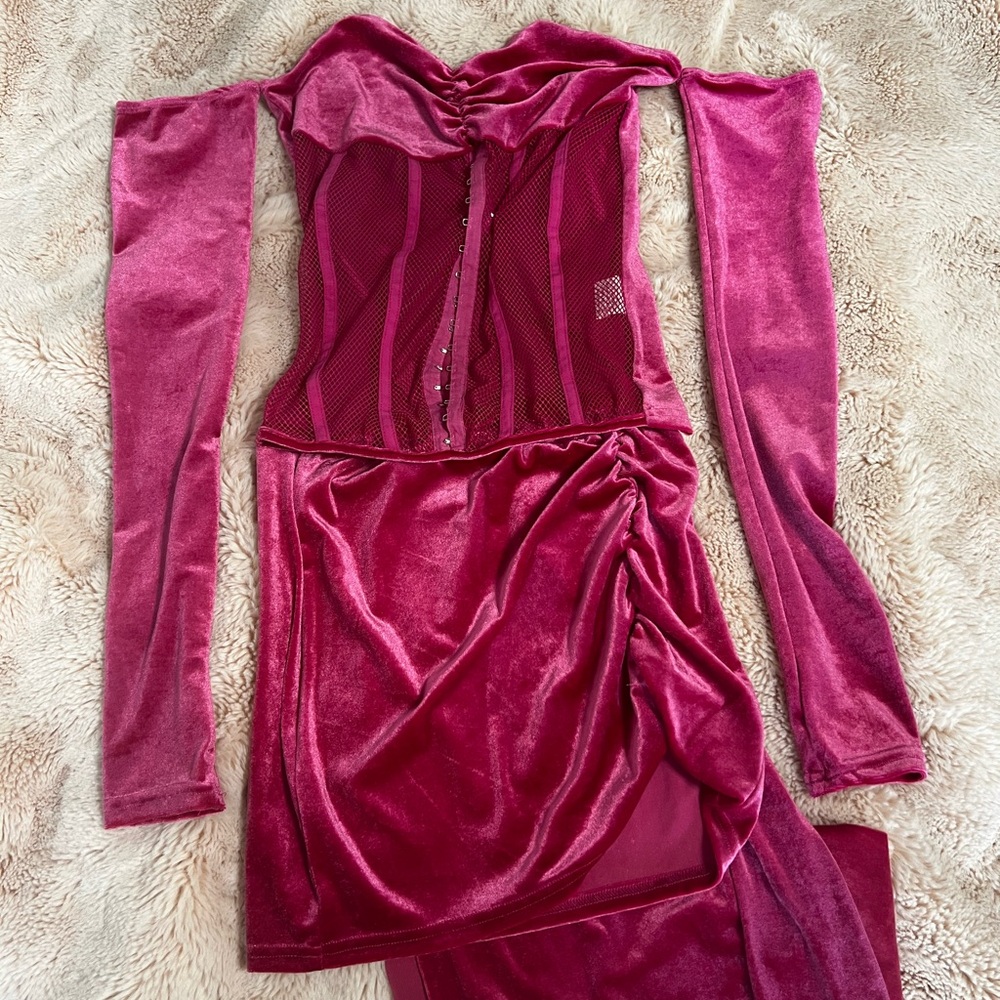 Velvet Long Sleeve Dress in Deep Pink